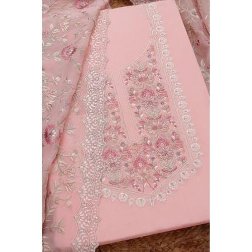 Soch Womens Pink Organza Embroidered Unstitch Dress Material With Thread Work
