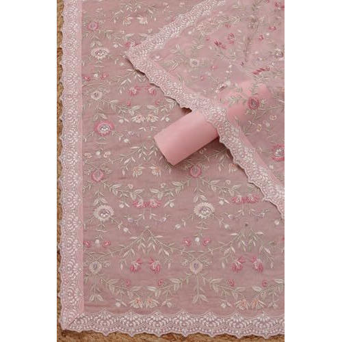 Soch Womens Pink Organza Embroidered Unstitch Dress Material With Thread Work