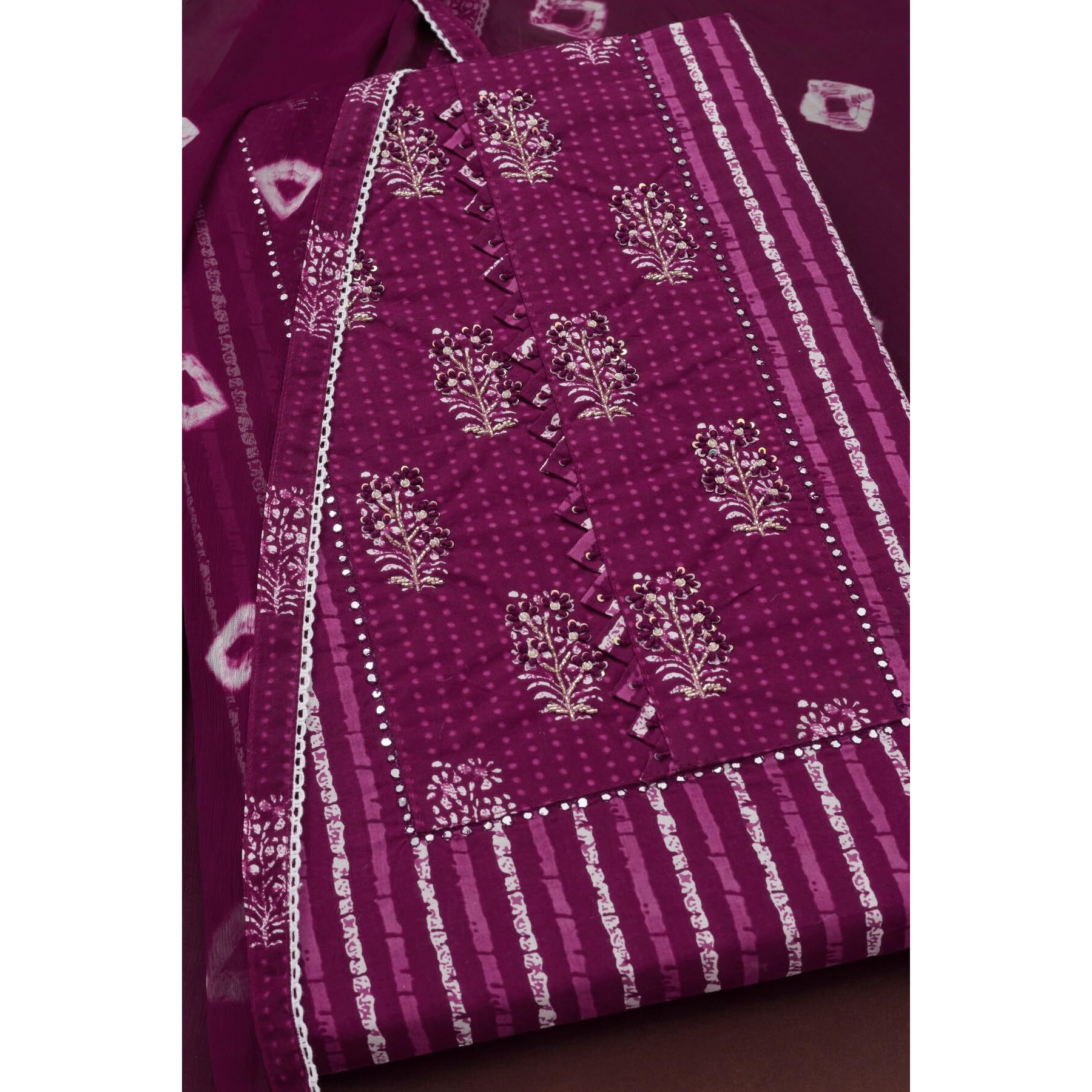 Soch Womens Purple Cotton Striped Unstitch Dress Material With Cutdana