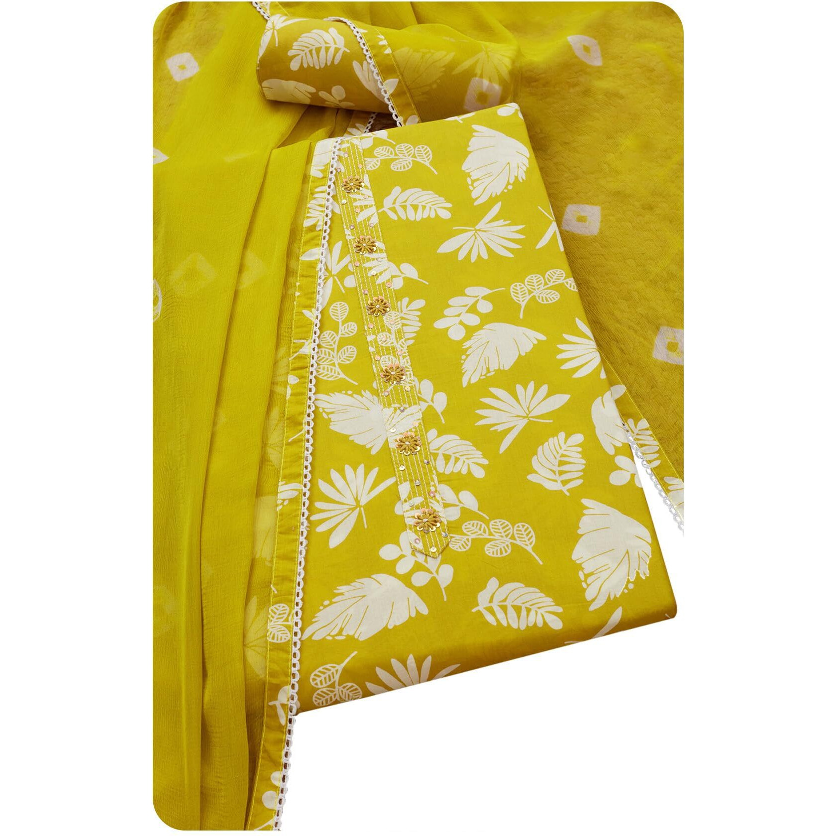 Soch Womens Light Green Cotton Botanical Print Unstitch Dress Material With Sequins