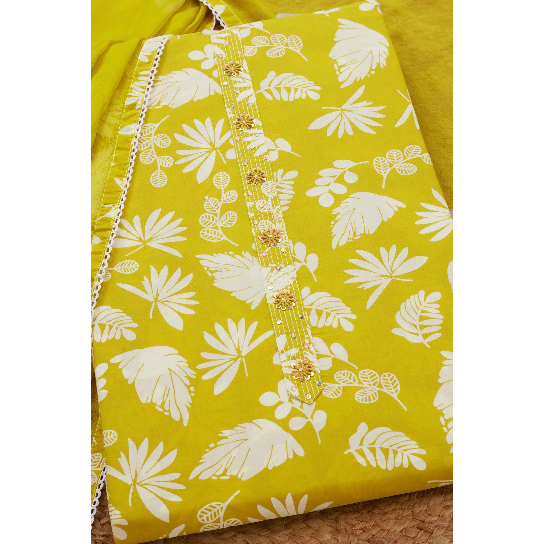 Soch Womens Light Green Cotton Botanical Print Unstitch Dress Material With Sequins