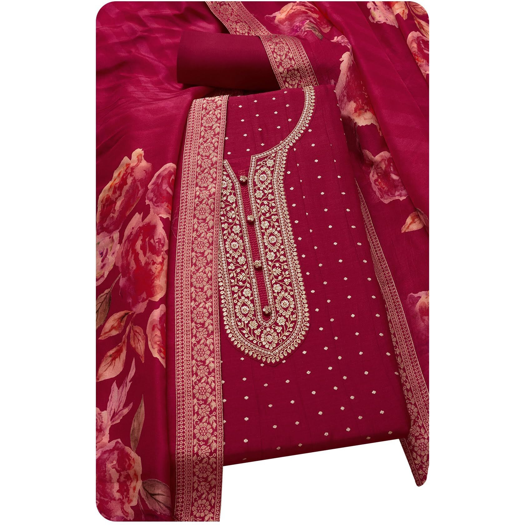 Soch Womens Magenta Silk Blend Embroidered Unstitch Dress Material With Zari