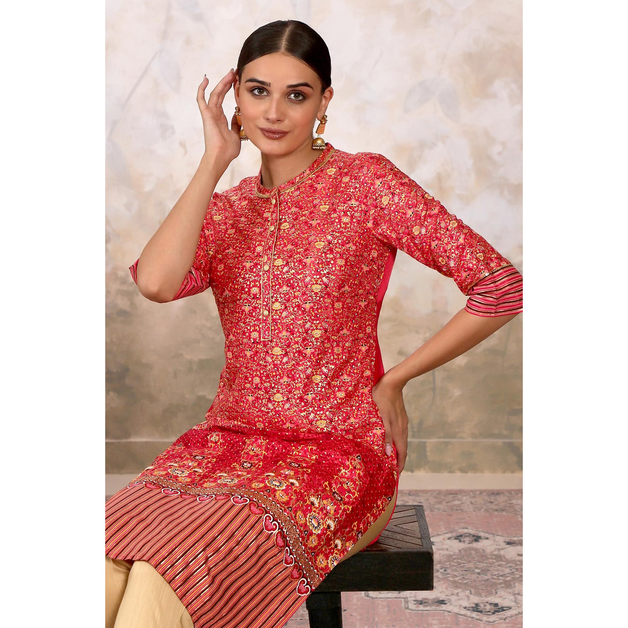 Aurelia Women's Foil Sequin Regular Red Kurta