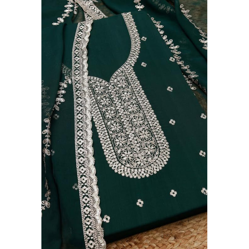 Soch Womens Green Chinon Embroidered Unstitch Dress Material With Sequins