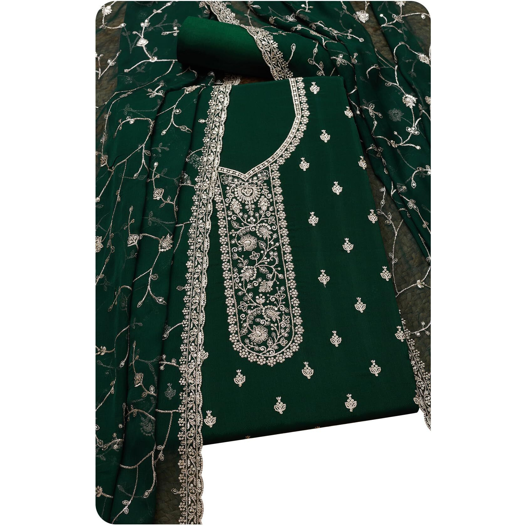 Soch Womens Green Chinon Embroidered Unstitch Dress Material With Sequins