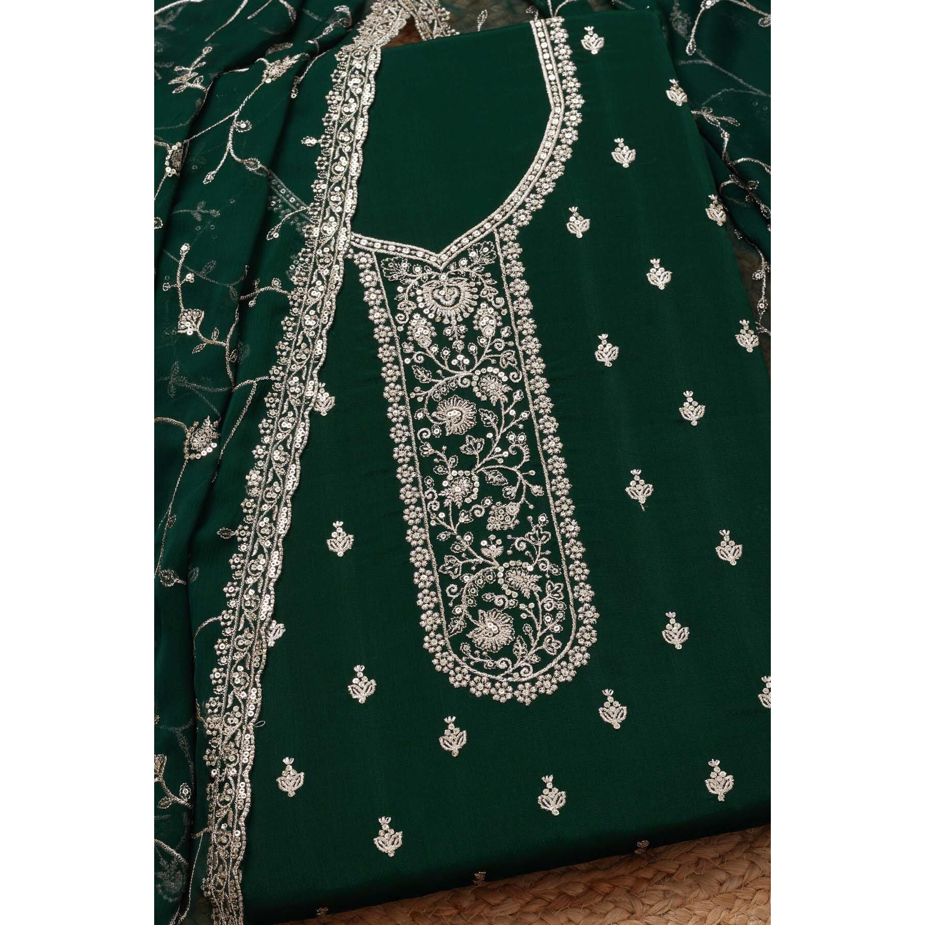 Soch Womens Green Chinon Embroidered Unstitch Dress Material With Sequins