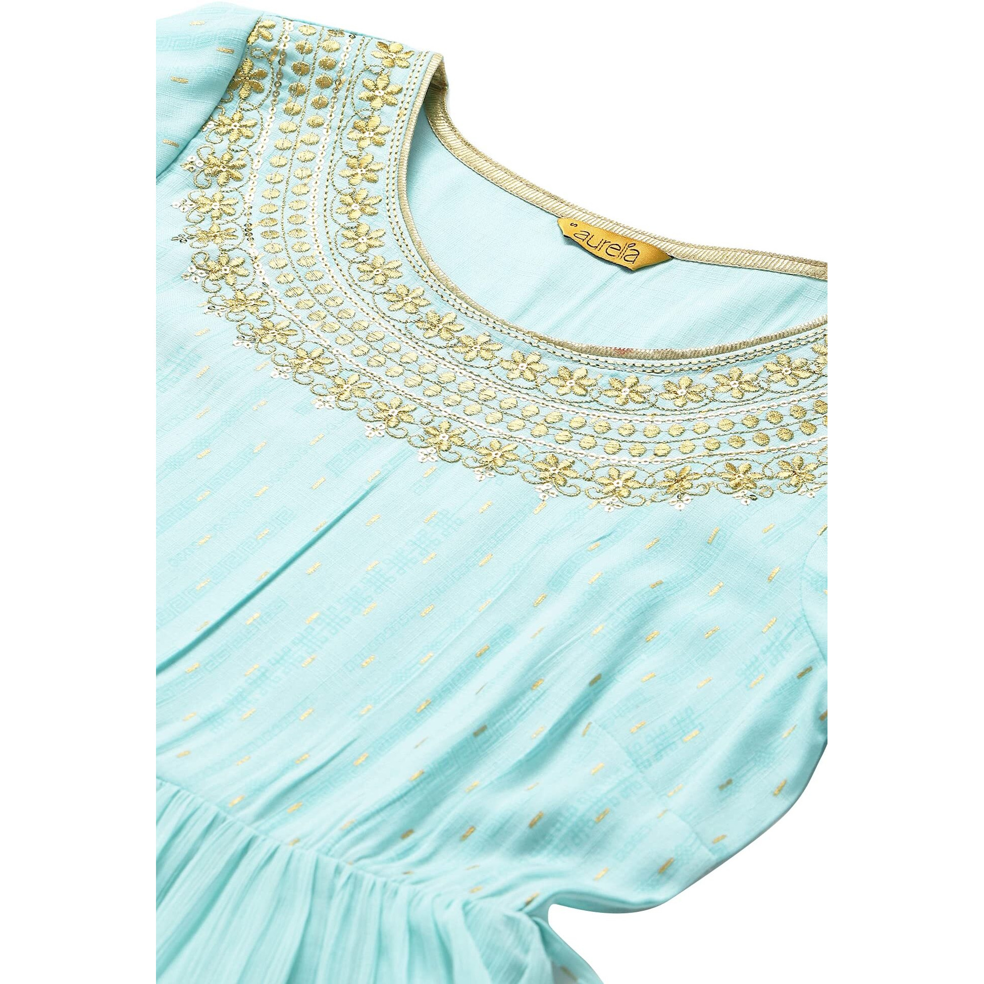 Aurelia Women Mint Blue Viscose Blend Geometric Printed A-Line Dress_22Aua12673-506146_M