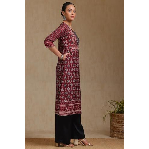 Soch Women's Muslin Botanical Regular Kurta (Ews5Ku61253_Maroon
