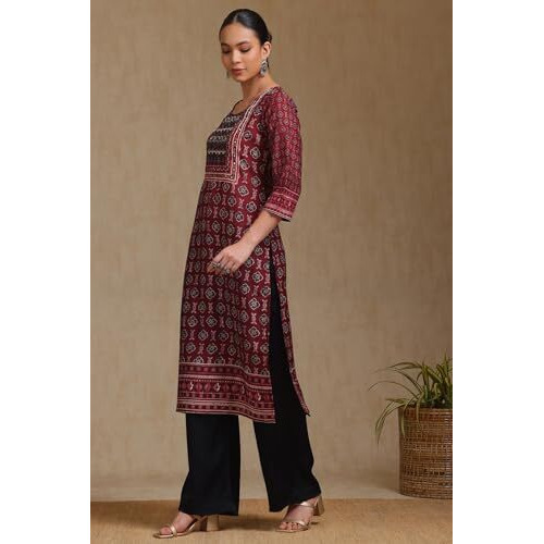 Soch Women's Muslin Botanical Regular Kurta (Ews5Ku61253_Maroon