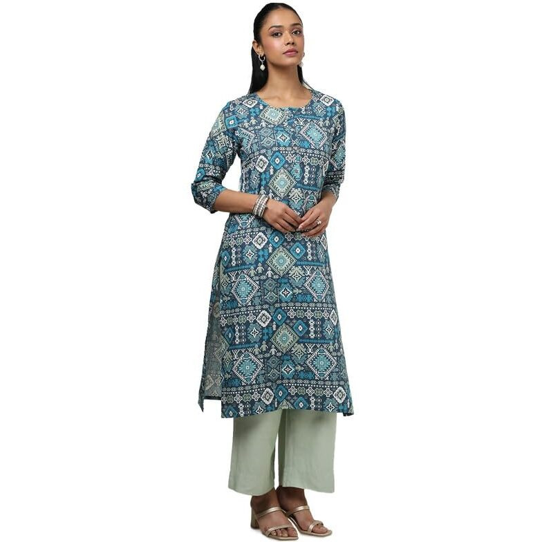 Soch Womens Navy Blue Rayon Ethnic Motifs Kurta
