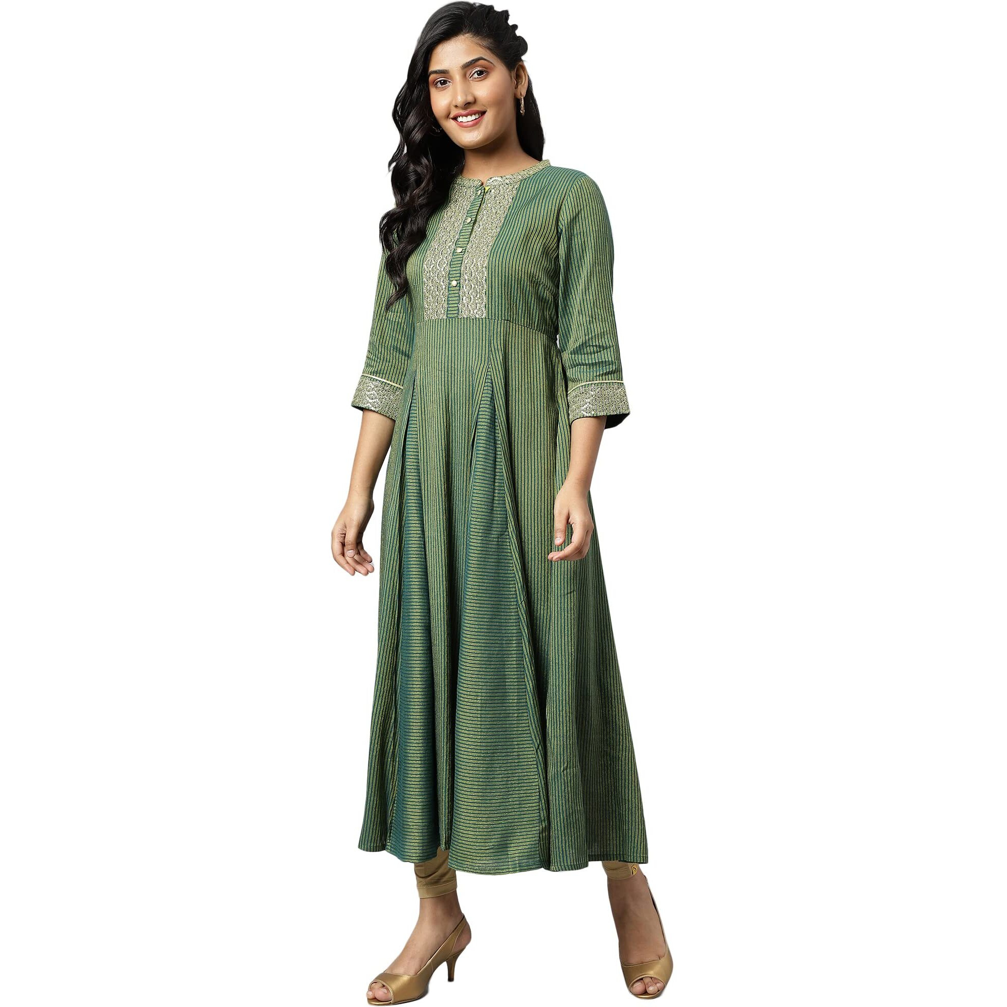 Aurelia Women Forest Green Viscose Blend Stripes Yarn Dyed A-Line Dress_22Aua13501P-703710_4Xl