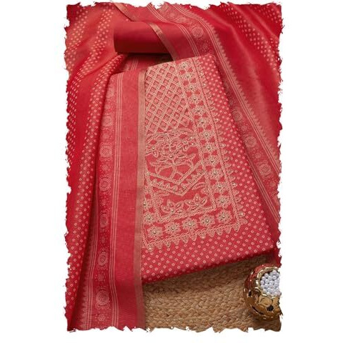 Soch Womens Peach Tissue Shimmer Bandhani Print Unstitch Dress Material With Sequins