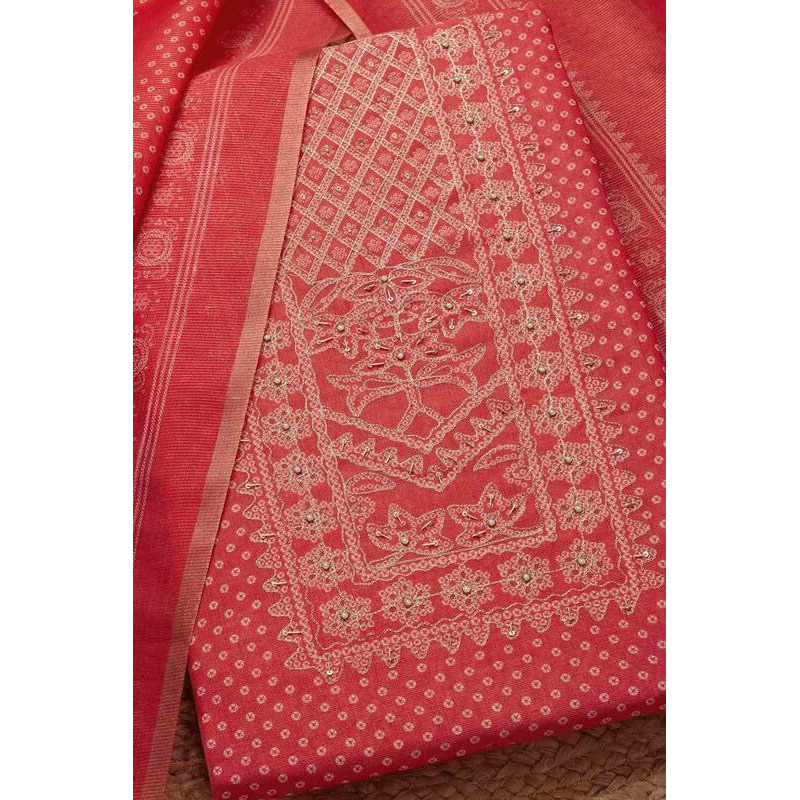 Soch Womens Peach Tissue Shimmer Bandhani Print Unstitch Dress Material With Sequins