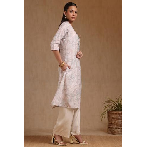 Soch Women's Linen Floral Regular Kurta (Cws5Ku61234_Beige