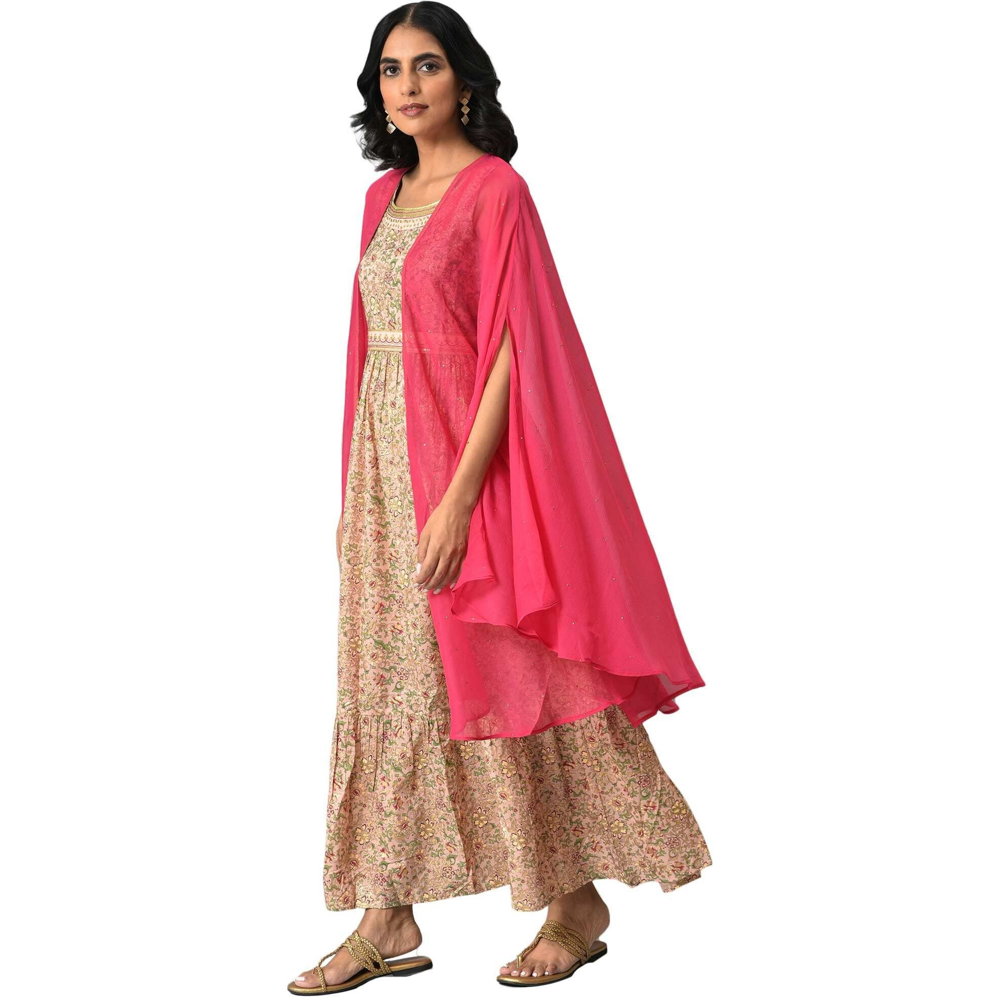 Aurelia Women Pink Printed Flared Inner Dress And Gilet Set_22Auas12657-506125_S