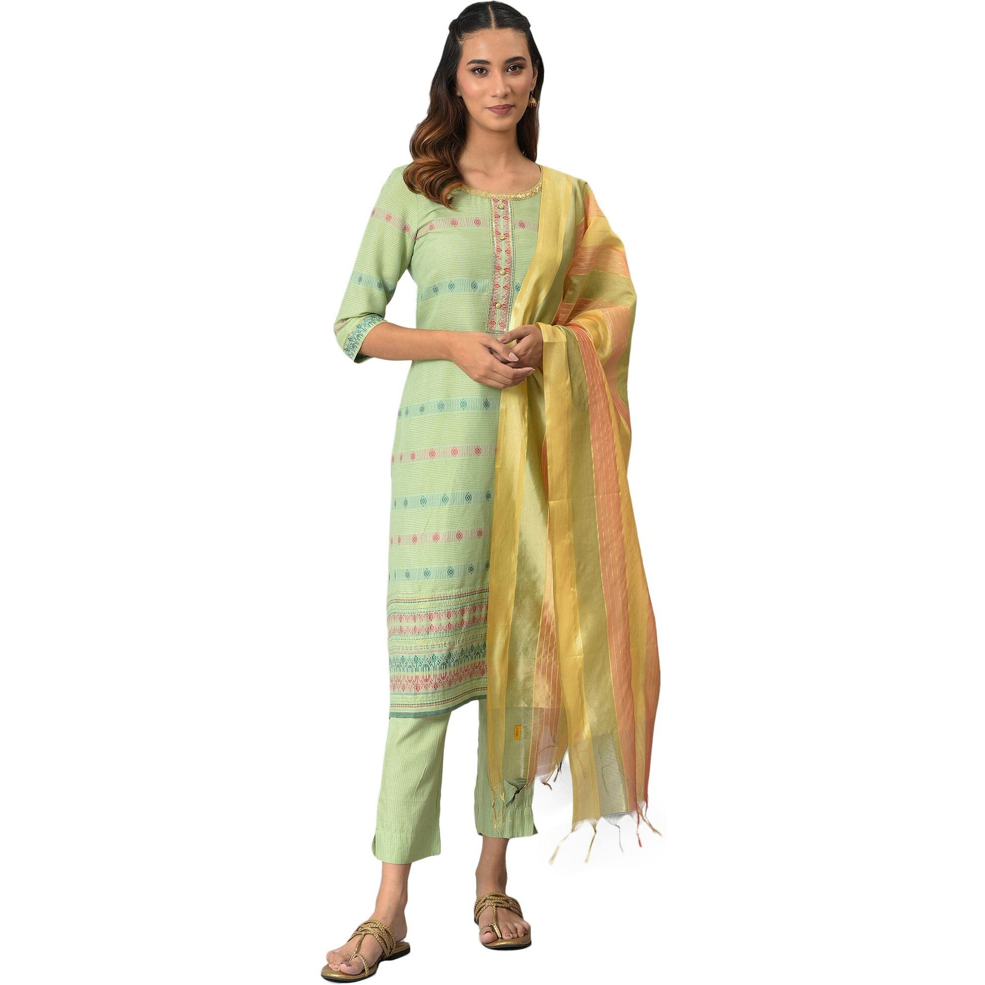 Aurelia Geometric Printed Green Rayon Kurta Dupatta Bottomwear With Sequins