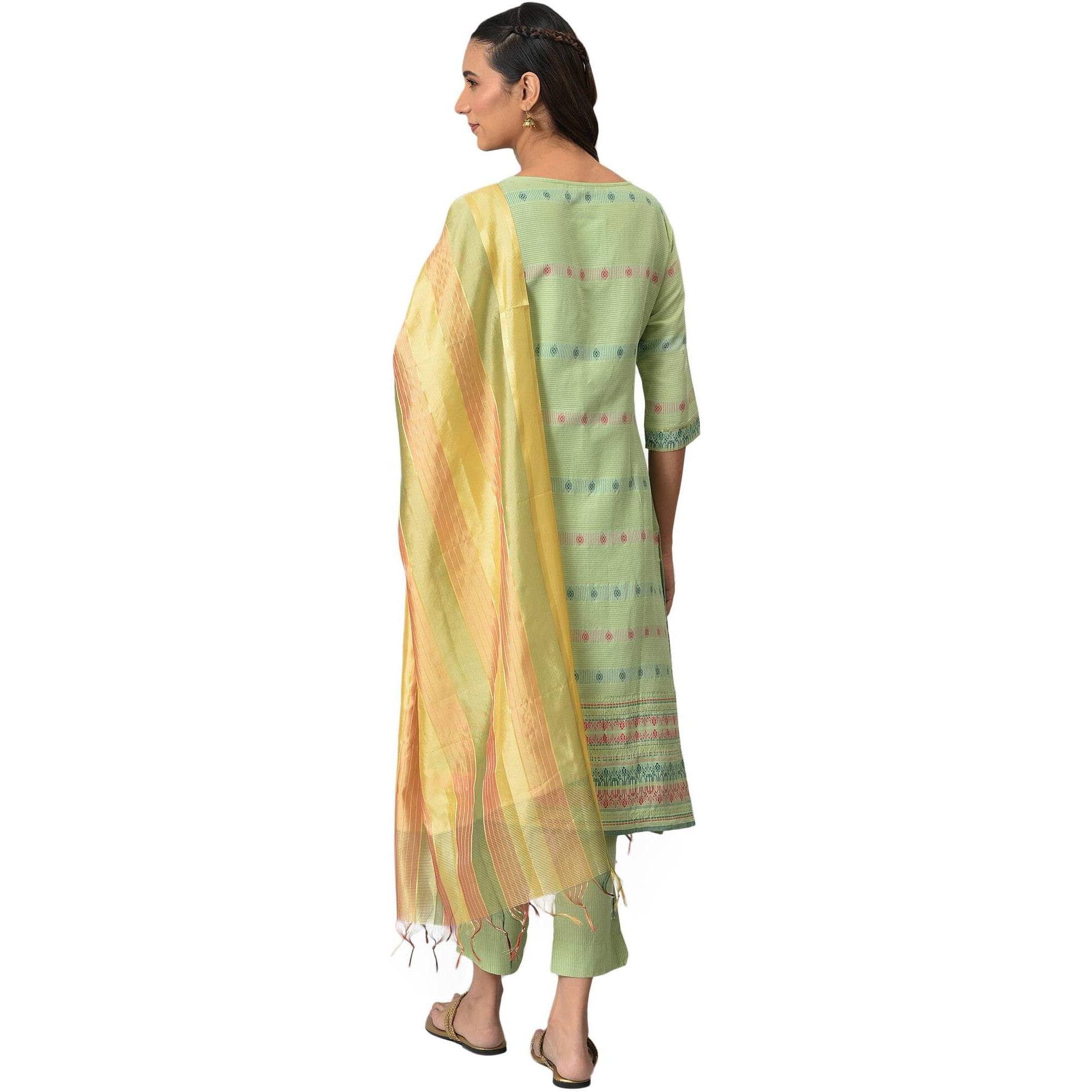 Aurelia Geometric Printed Green Rayon Kurta Dupatta Bottomwear With Sequins