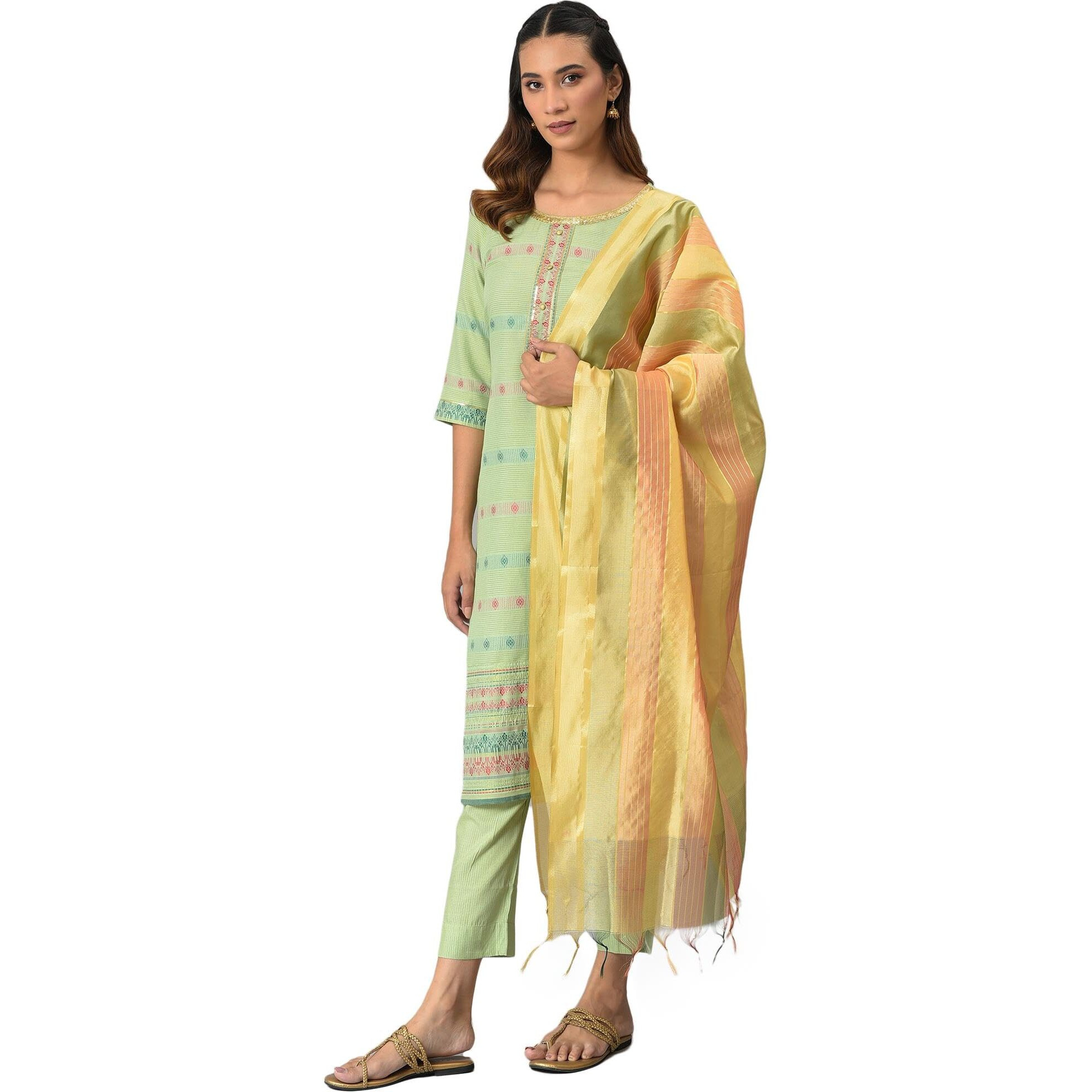 Aurelia Geometric Printed Green Rayon Kurta Dupatta Bottomwear With Sequins