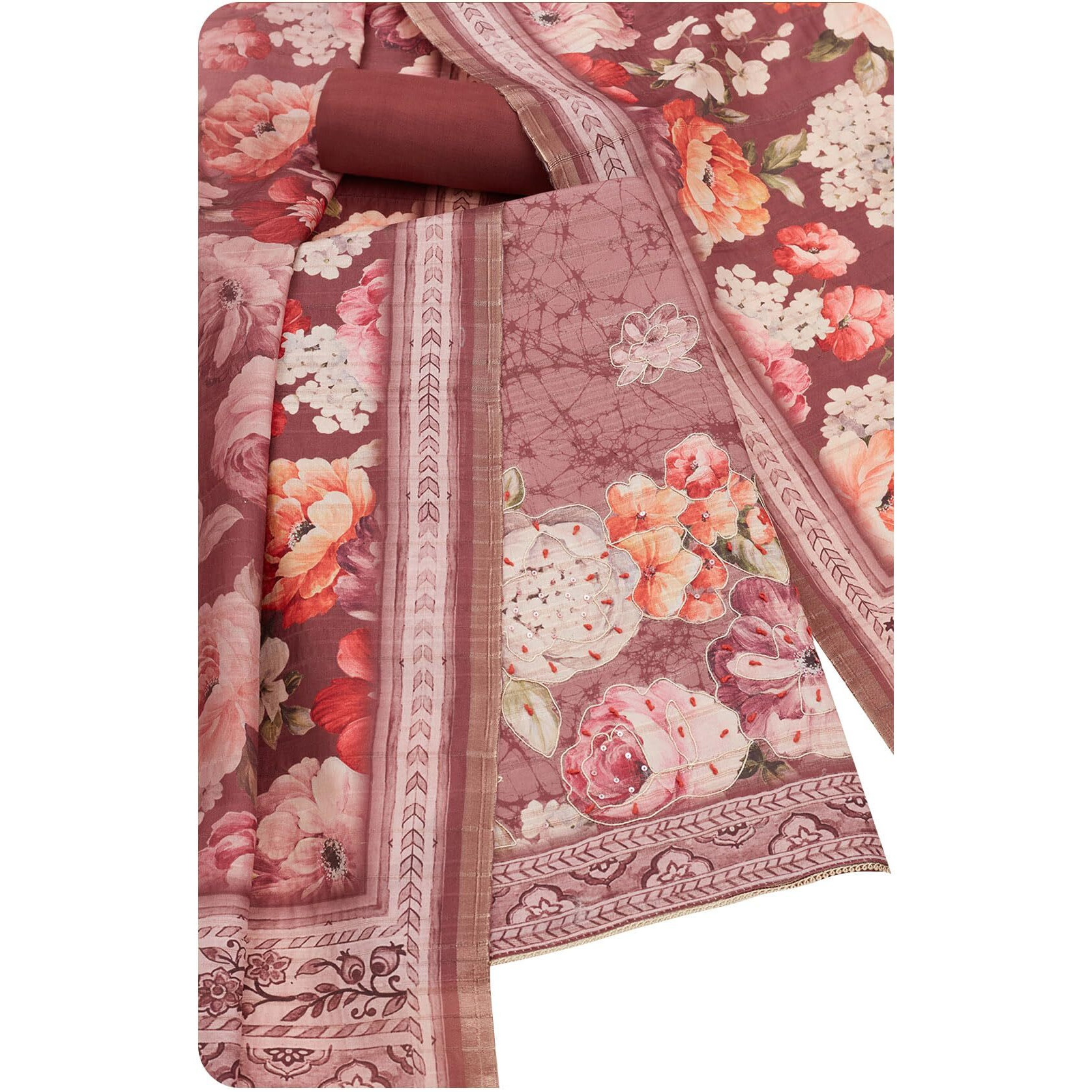 Soch Womens Wine Tussar Foil Print Unstitch Dress Material With Zari