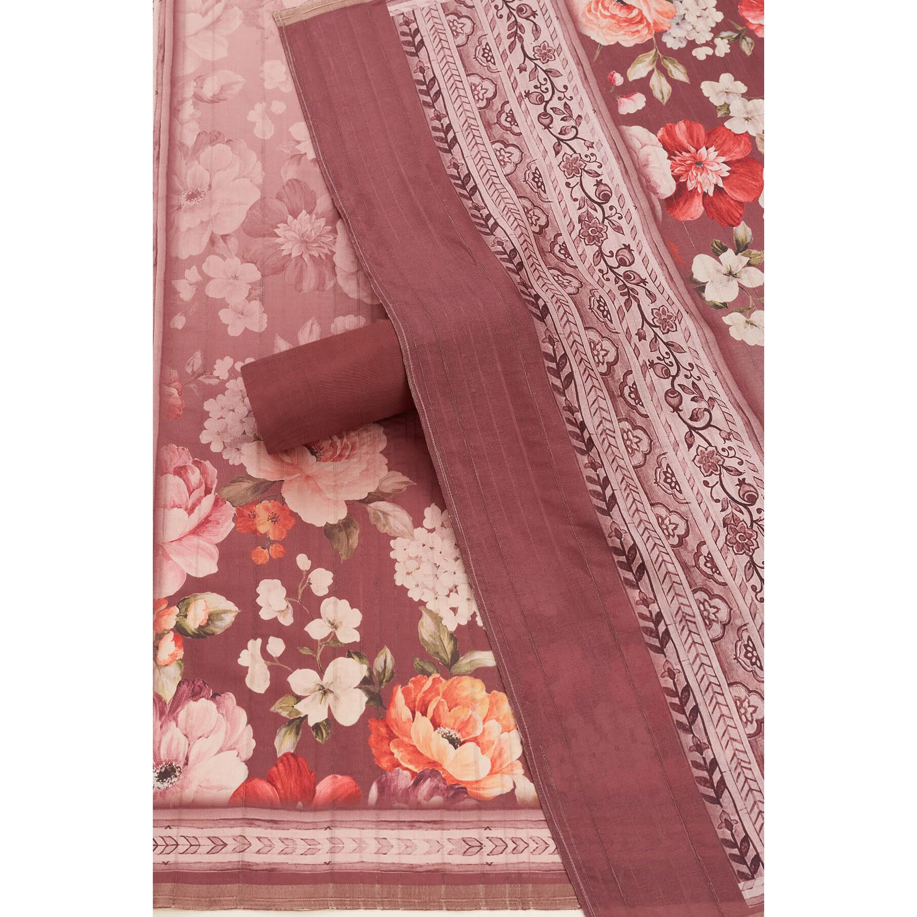 Soch Womens Wine Tussar Foil Print Unstitch Dress Material With Zari
