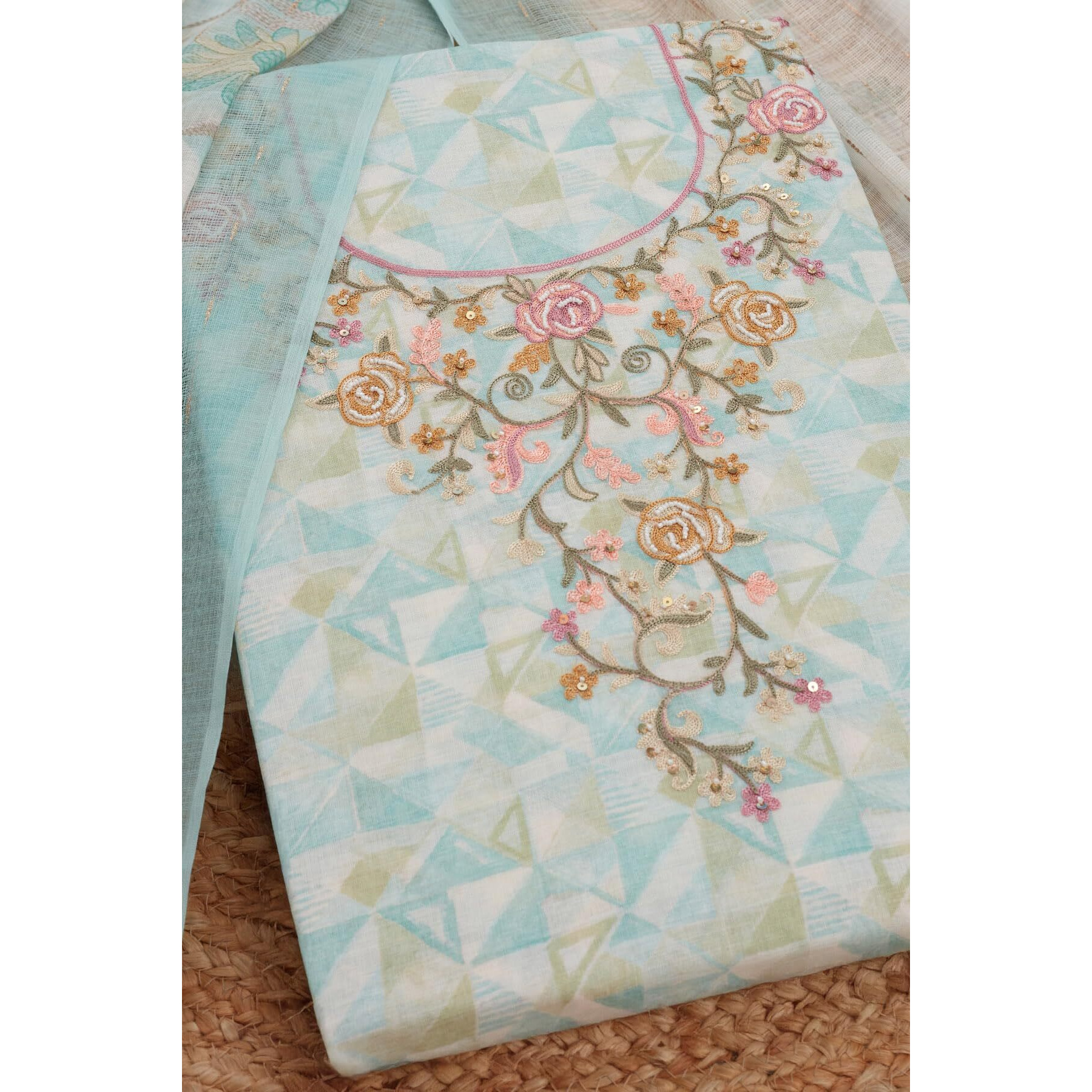 Soch Womens Turquoise Blue Linen Geometric Print Unstitch Dress Material With Thread Work
