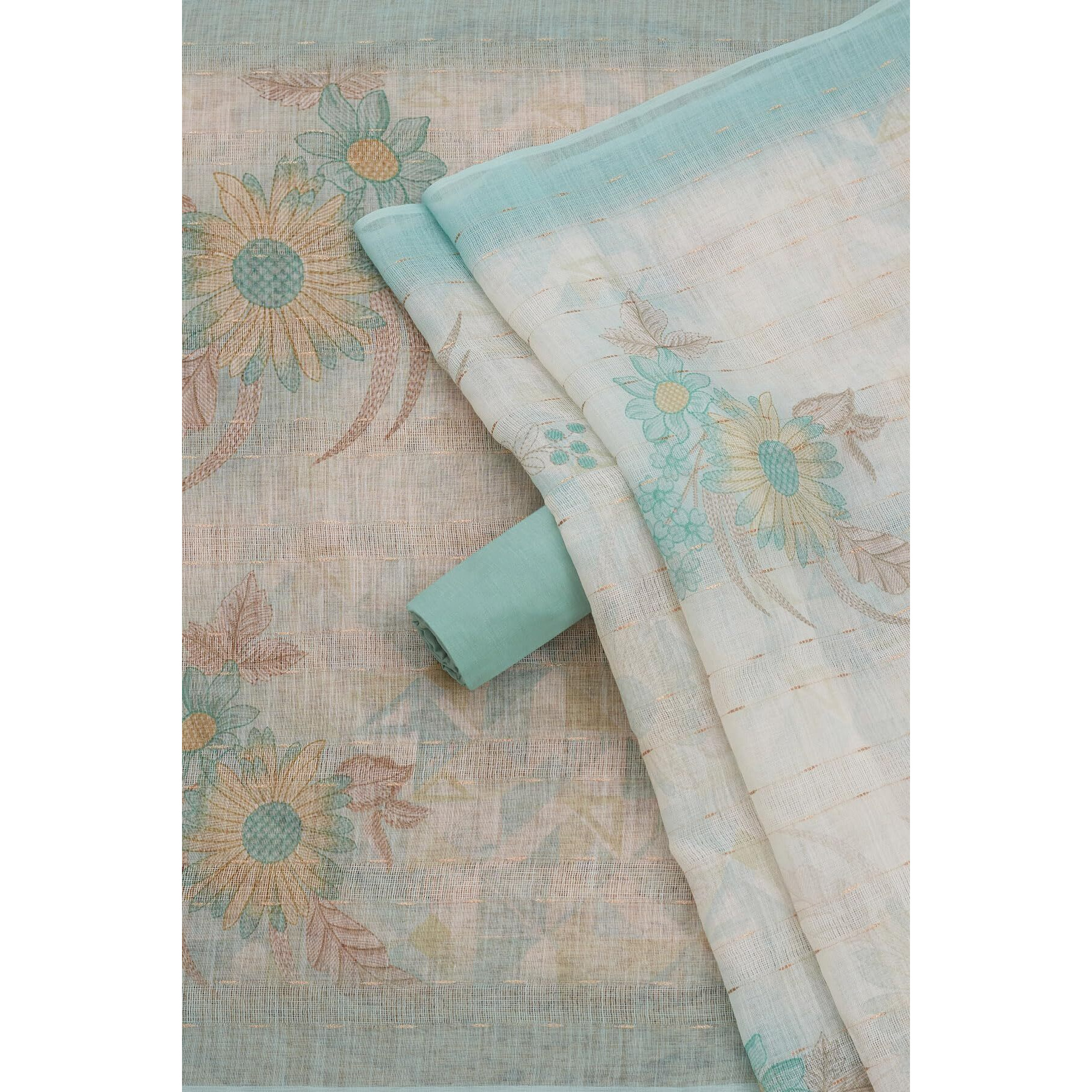 Soch Womens Turquoise Blue Linen Geometric Print Unstitch Dress Material With Thread Work