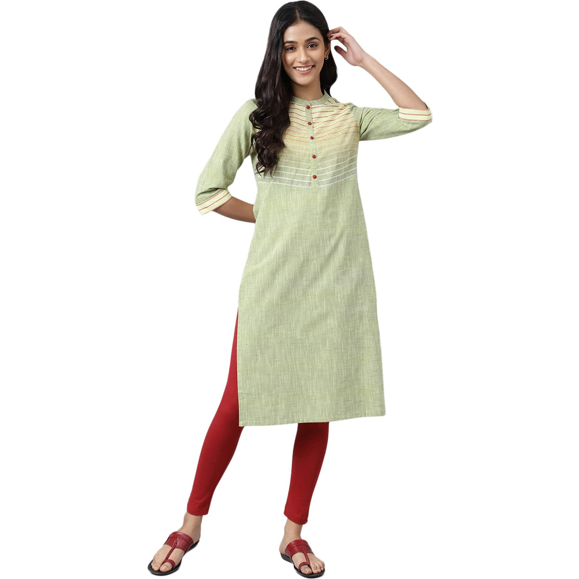 Aurelia Women Cotton Regular Fit Pear Sorbet Dobby Geometric Yarn Dyed Straight Kurta_22Aua13548-702880_Xs