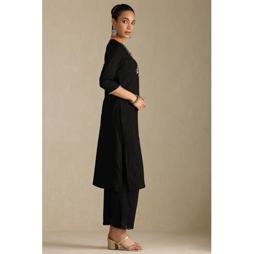 Soch Women's Rayon Floral Regular Kurta (Cws5Ku61362_Black