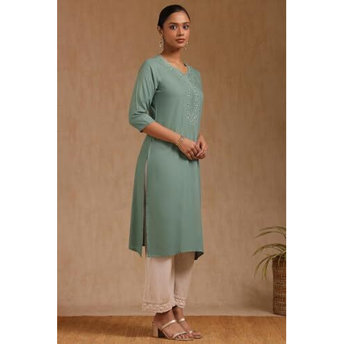 Soch Women's Rayon Embroidered Regular Kurta (Cws5Ku61364_Turquoise Blue
