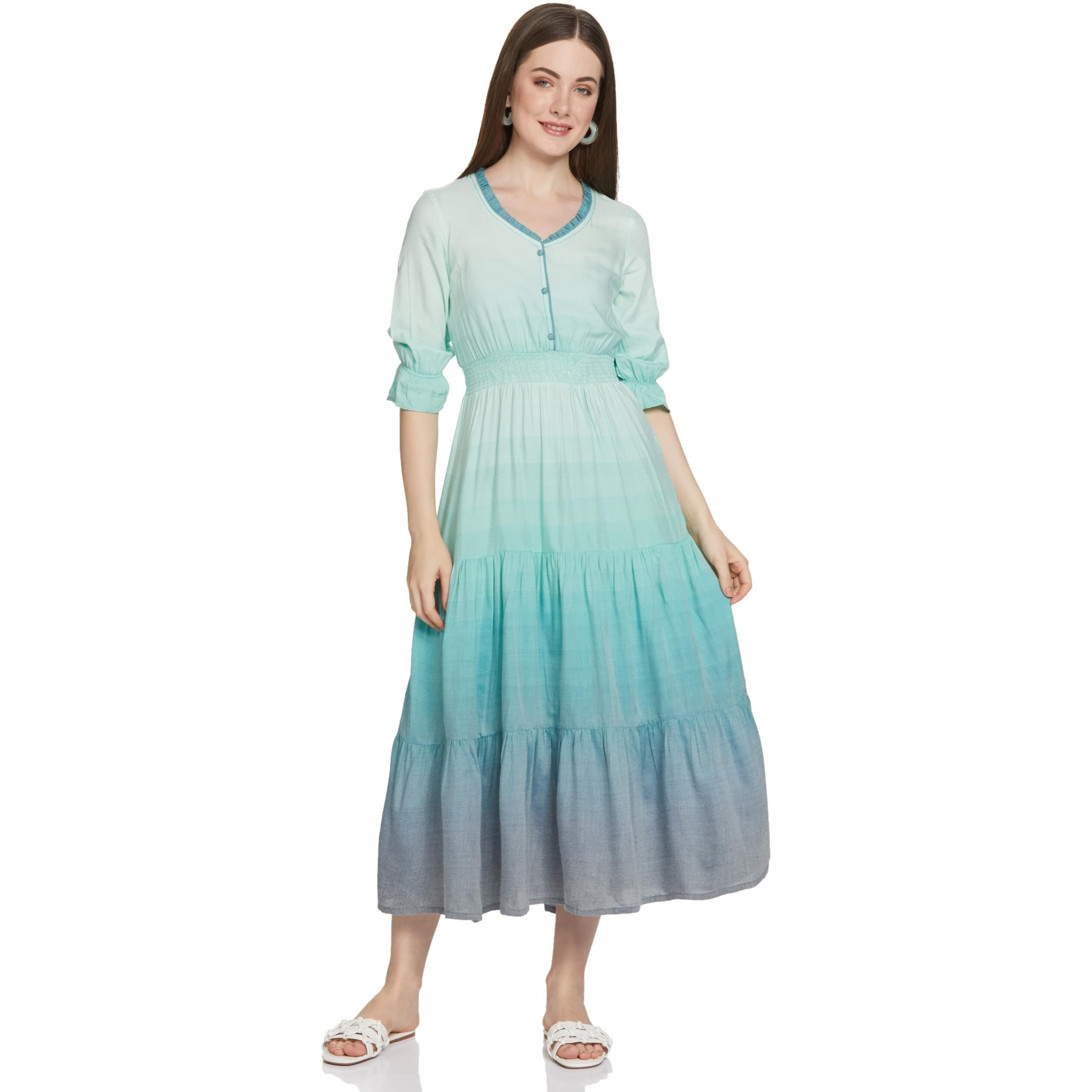 Aurelia Women Lichen Rayon Geometric Yarn Dyed A-Line Dress_22Aua13564-703884_Xl Blue