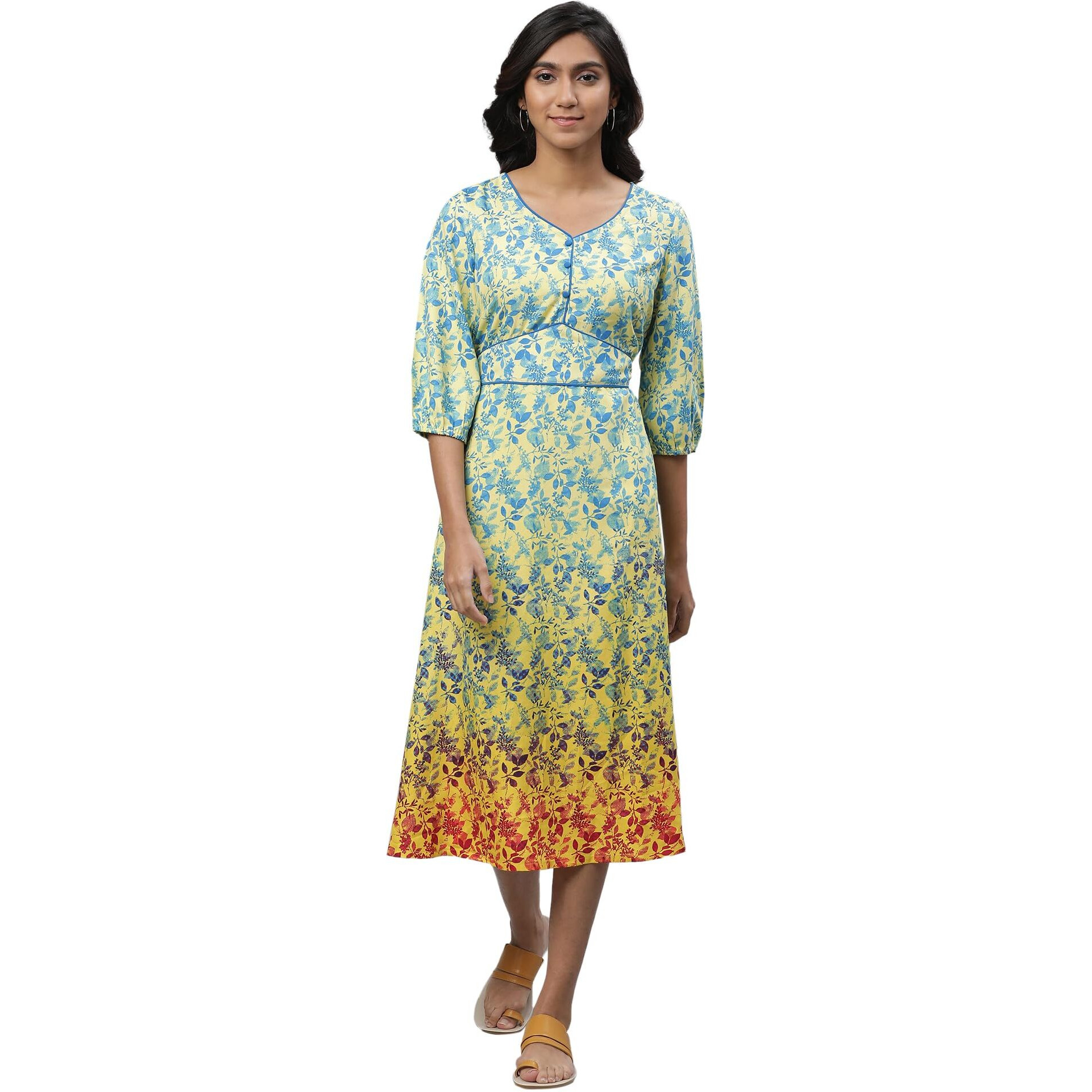 Aurelia Yellow Leaf Print Midi Dress For Women