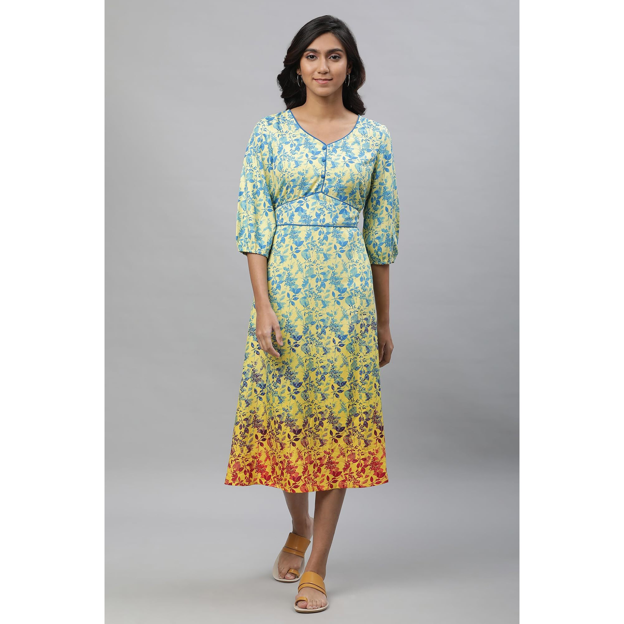 Aurelia Yellow Leaf Print Midi Dress For Women
