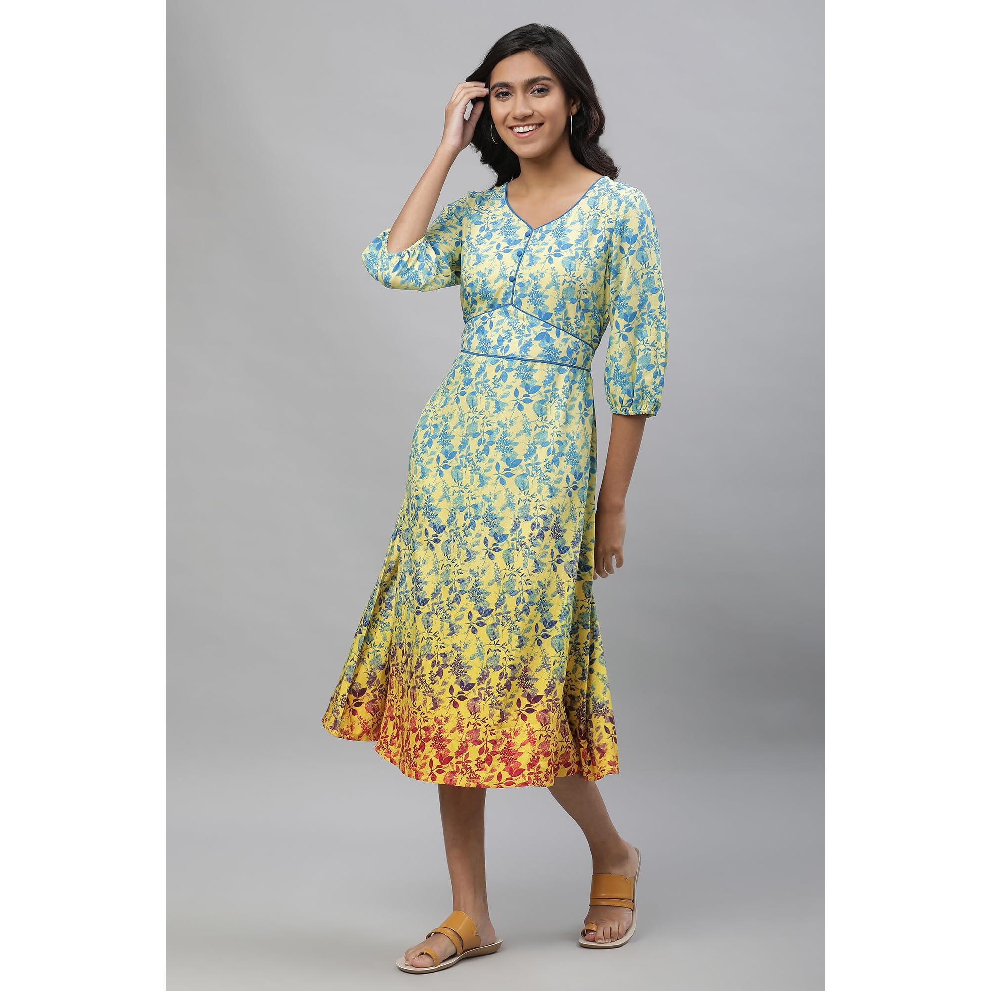 Aurelia Yellow Leaf Print Midi Dress For Women
