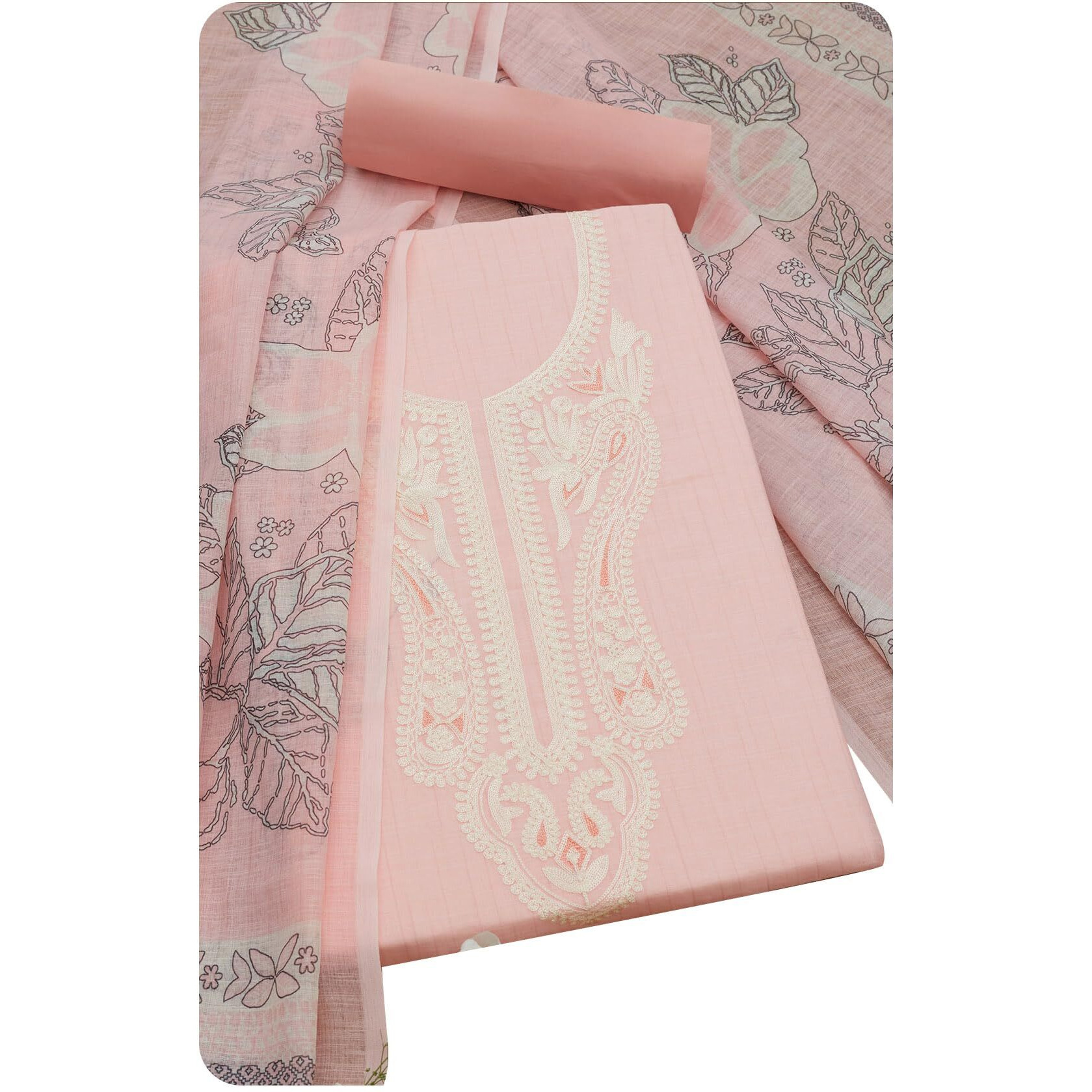 Soch Womens Peach Linen Foil Print Unstitch Dress Material With Thread Work