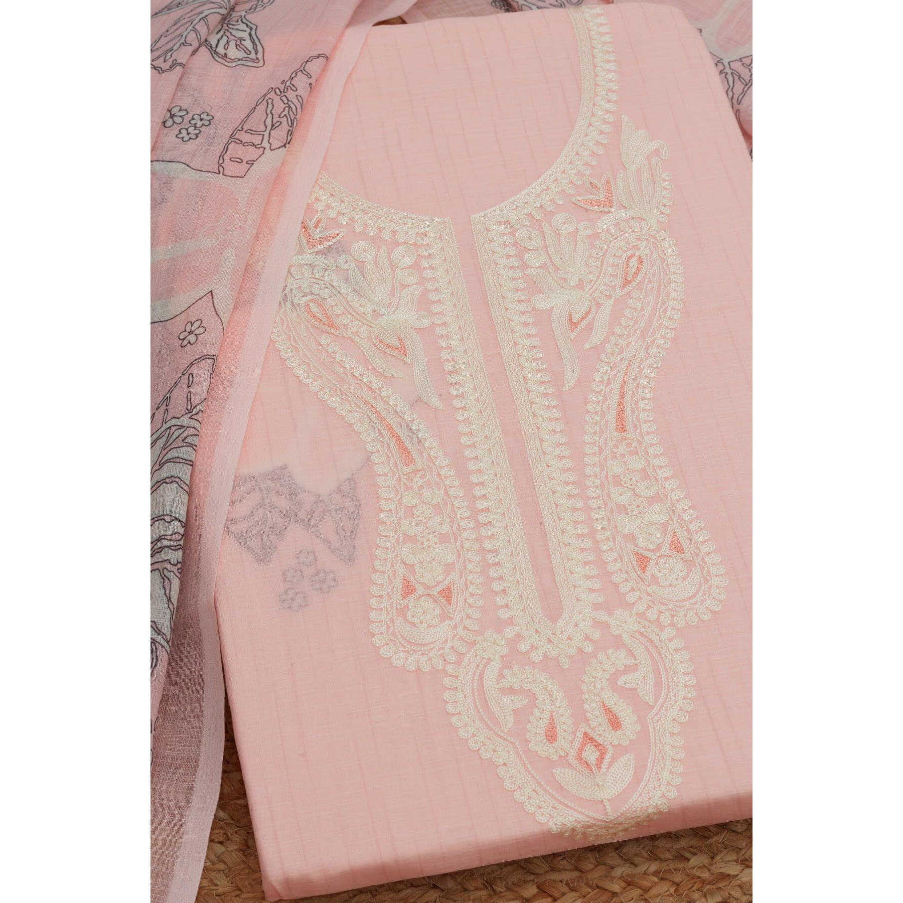 Soch Womens Peach Linen Foil Print Unstitch Dress Material With Thread Work