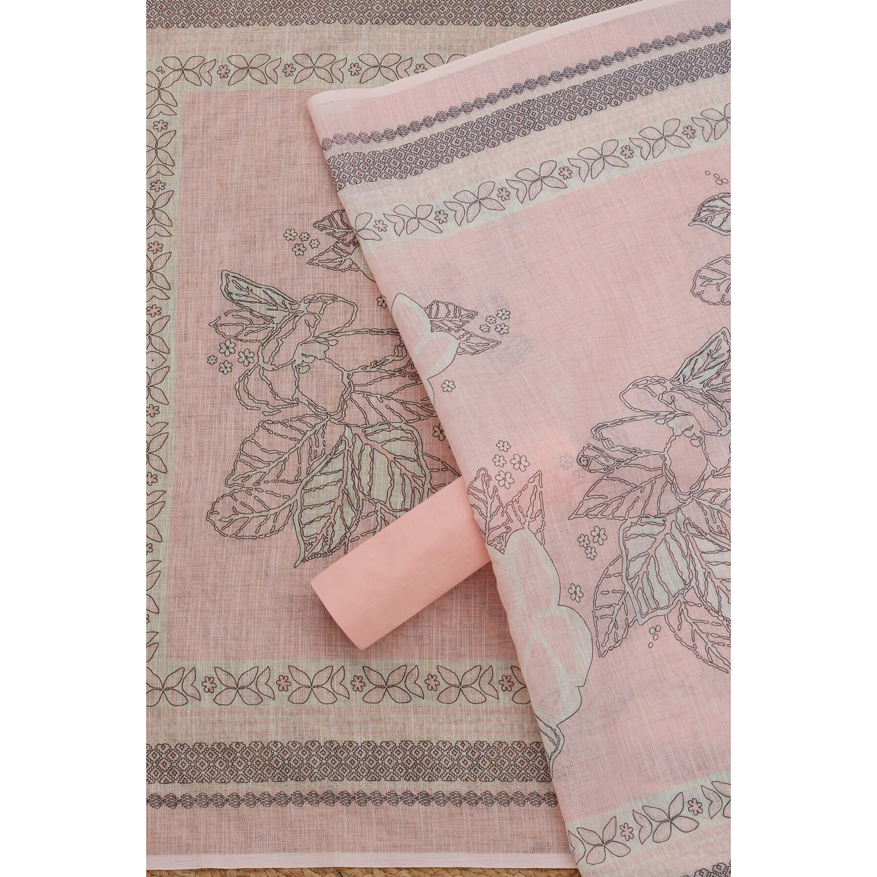 Soch Womens Peach Linen Foil Print Unstitch Dress Material With Thread Work