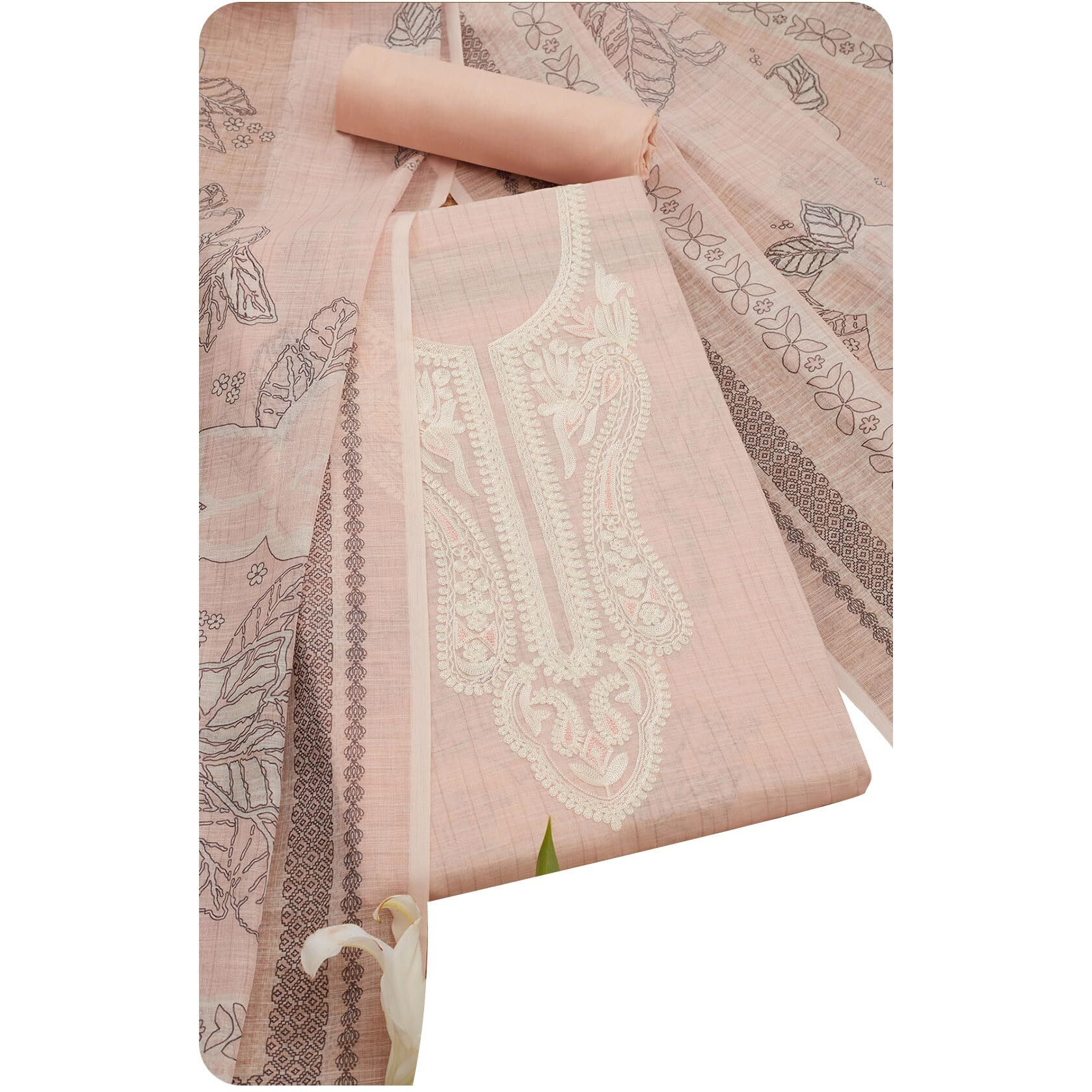 Soch Womens Pink Linen Foil Print Unstitch Dress Material With Thread Work