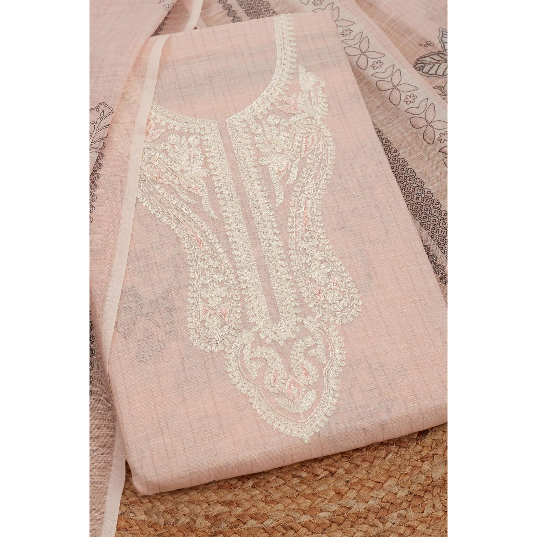 Soch Womens Pink Linen Foil Print Unstitch Dress Material With Thread Work