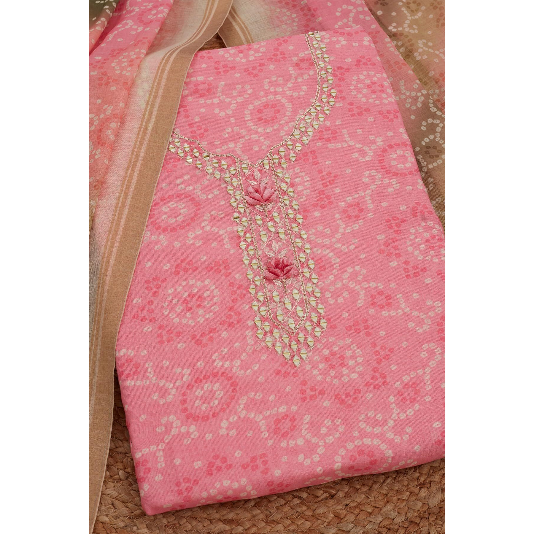 Soch Womens Pink Linen Bandhani Print Unstitch Dress Material With Mirror
