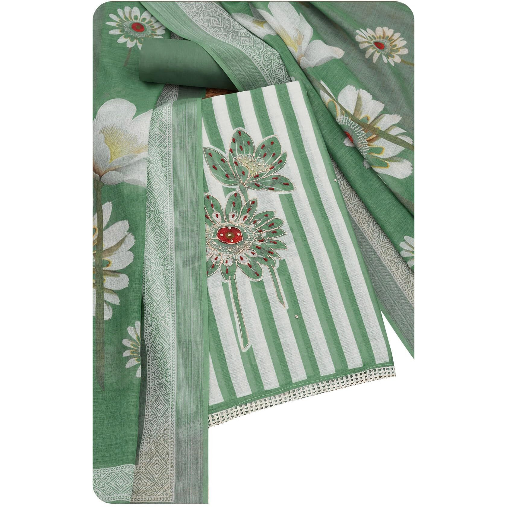 Soch Womens Green Cotton Striped Unstitch Dress Material With Zari
