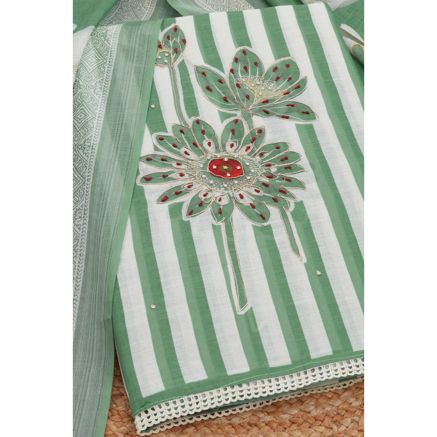 Soch Womens Green Cotton Striped Unstitch Dress Material With Zari