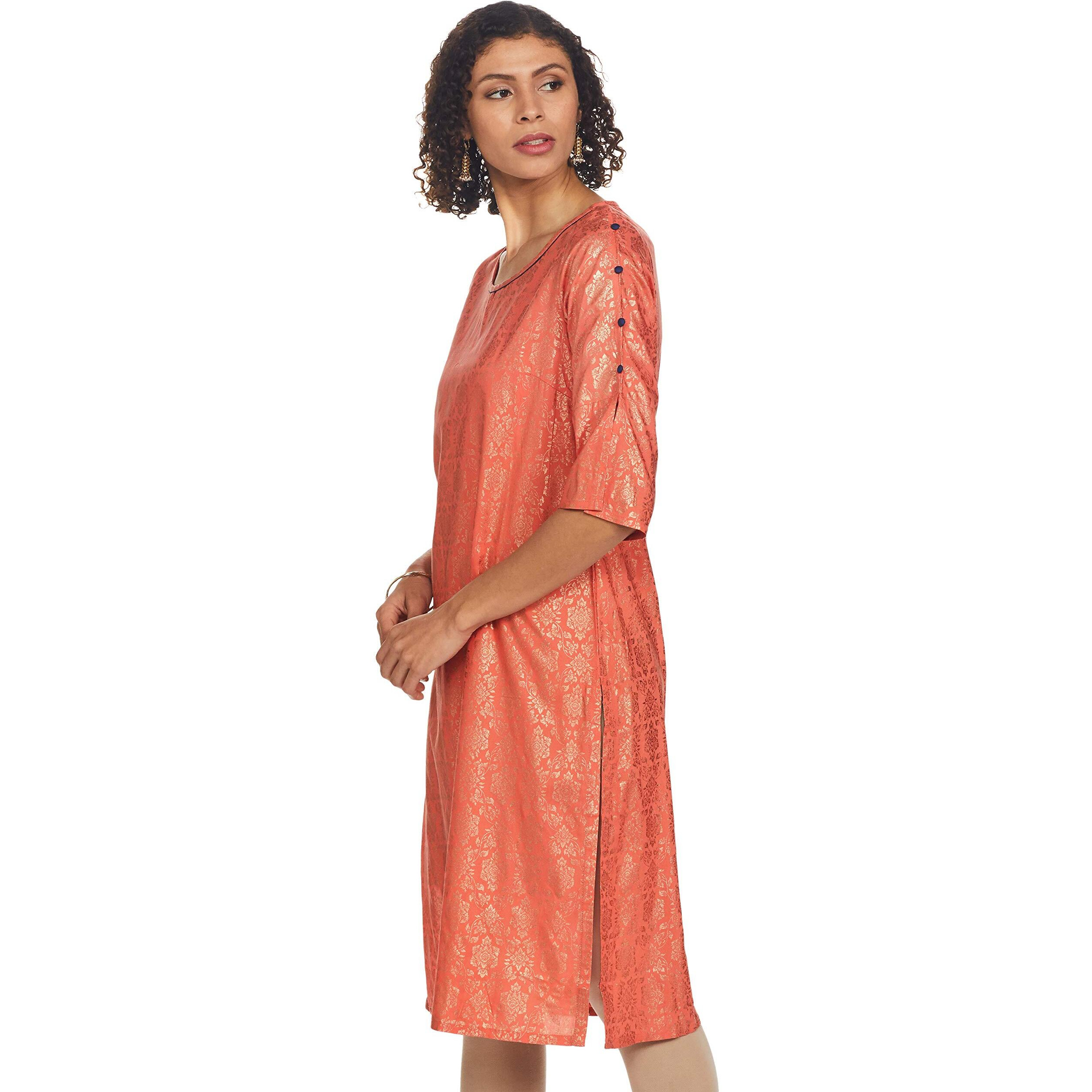 Aurelia Women's Rayon Straight Kurta (20Fea11330-501387_ Peach_ X-Large)