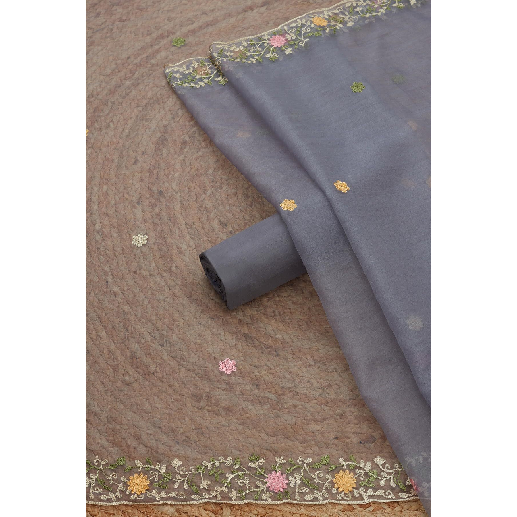Soch Womens Grey Chanderi Foil Print Unstitch Dress Material With Thread Work