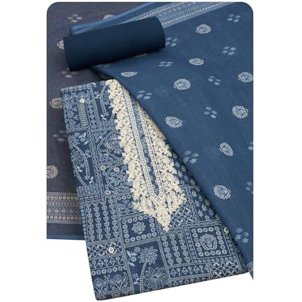 Soch Womens Indigo Linen Ethnic Motif Unstitch Dress Material With Thread Work