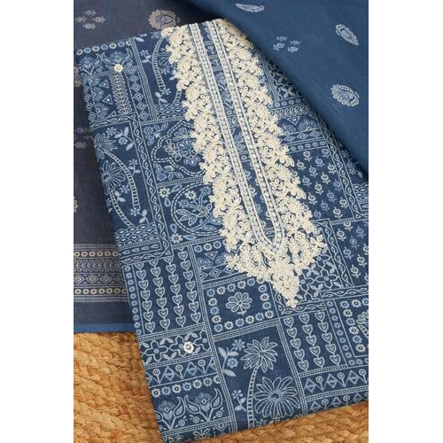 Soch Womens Indigo Linen Ethnic Motif Unstitch Dress Material With Thread Work