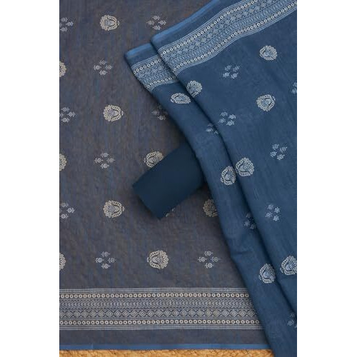Soch Womens Indigo Linen Ethnic Motif Unstitch Dress Material With Thread Work
