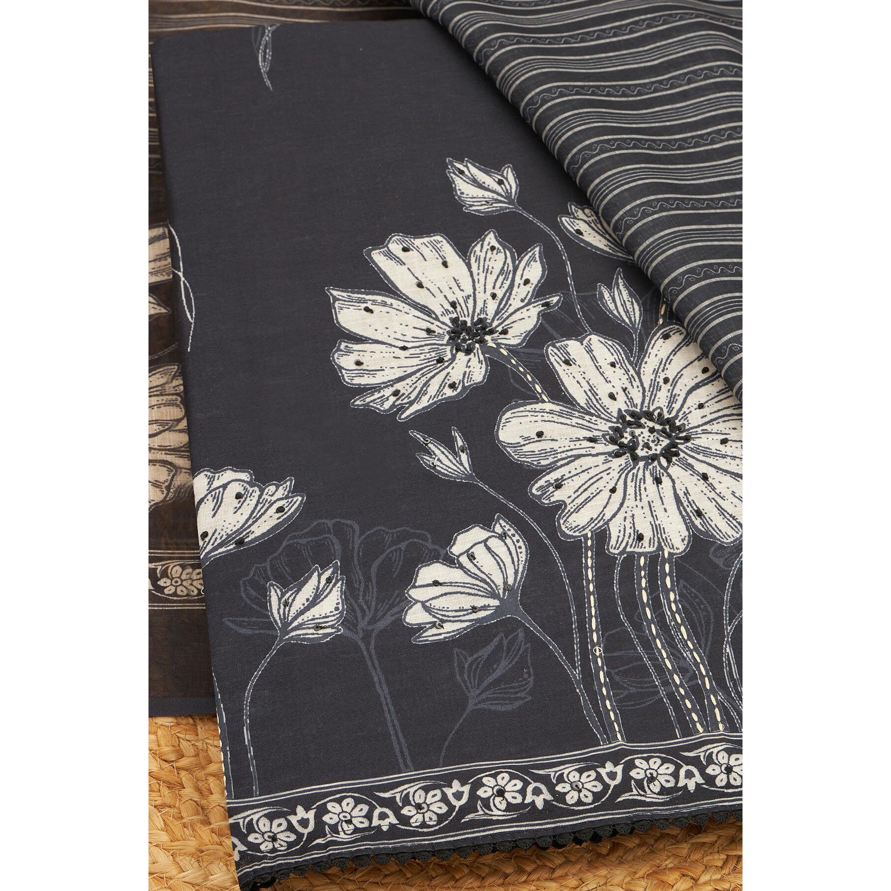 Soch Womens Black Linen Floral Print Unstitch Dress Material With Thread Work