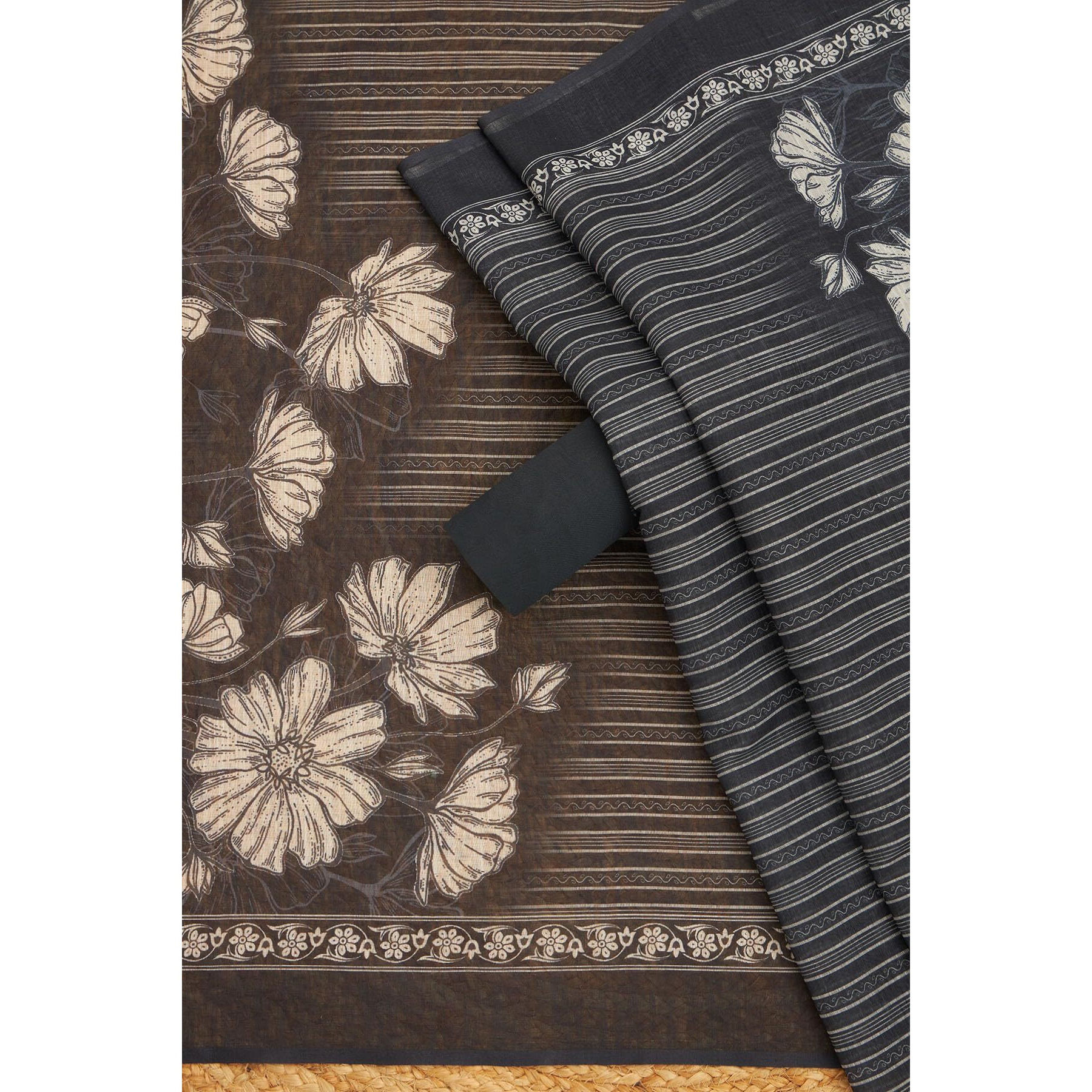 Soch Womens Black Linen Floral Print Unstitch Dress Material With Thread Work