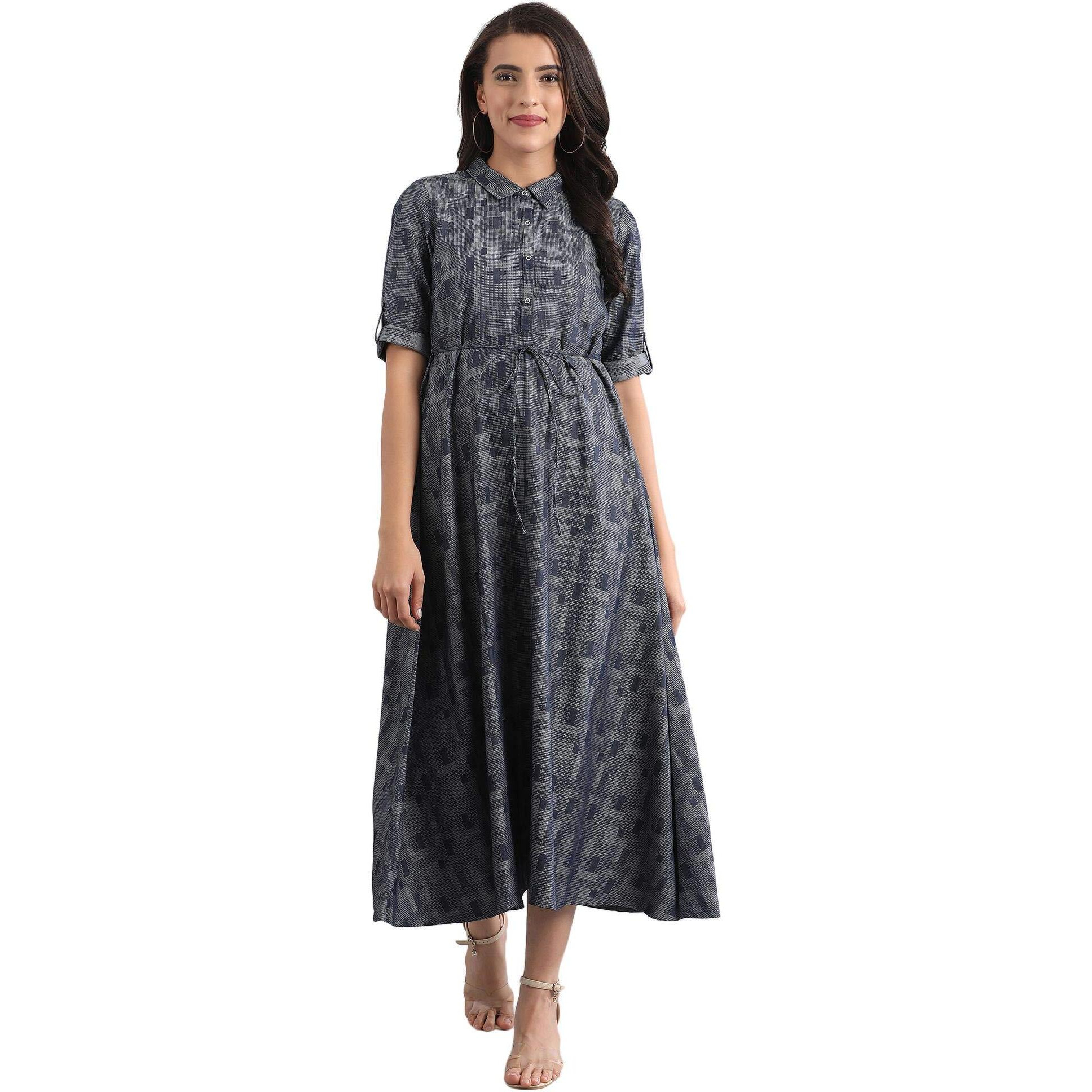 W For Woman Cotton A-Line Dress (20Fea11420-700998_Blue_Small)