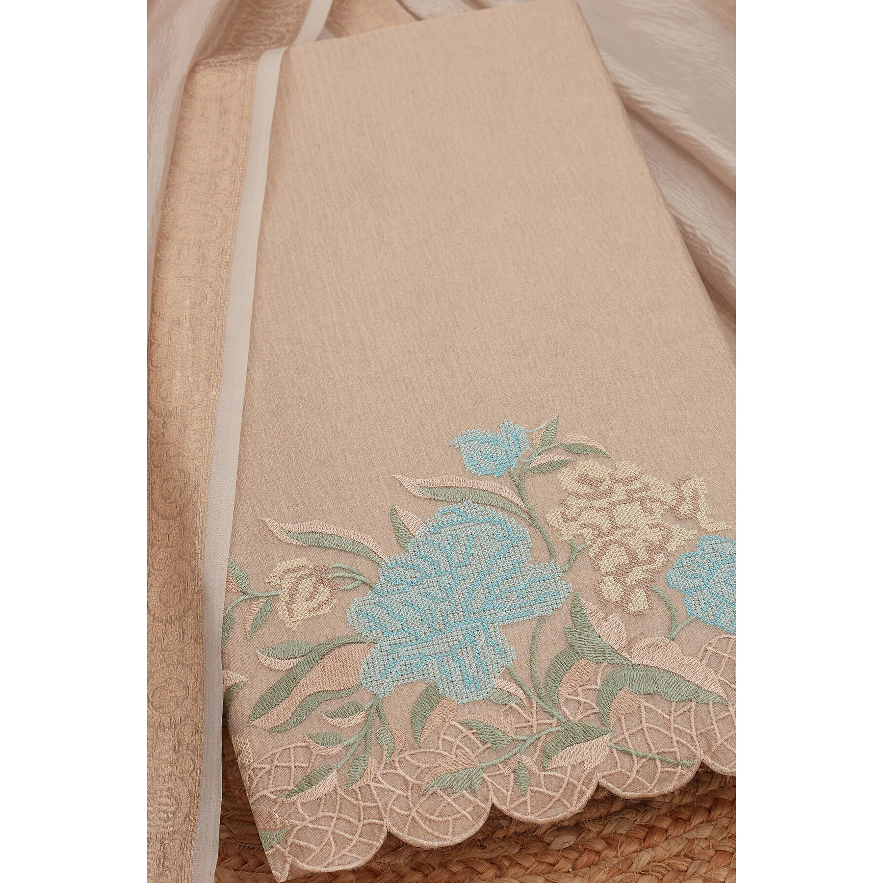 Soch Womens Beige Crushed Tissue Embroidered Unstitch Dress Material With Thread Work